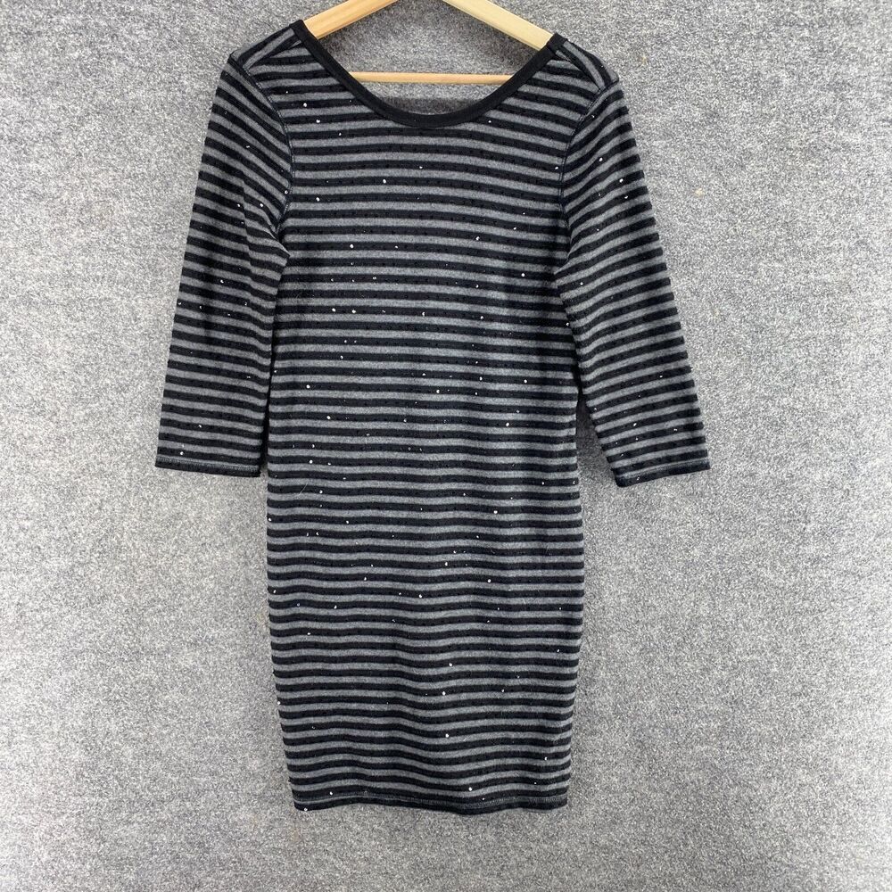 Express Dress Women M Medium Black Striped Shift Midi Lined Long Sleeve Sequin